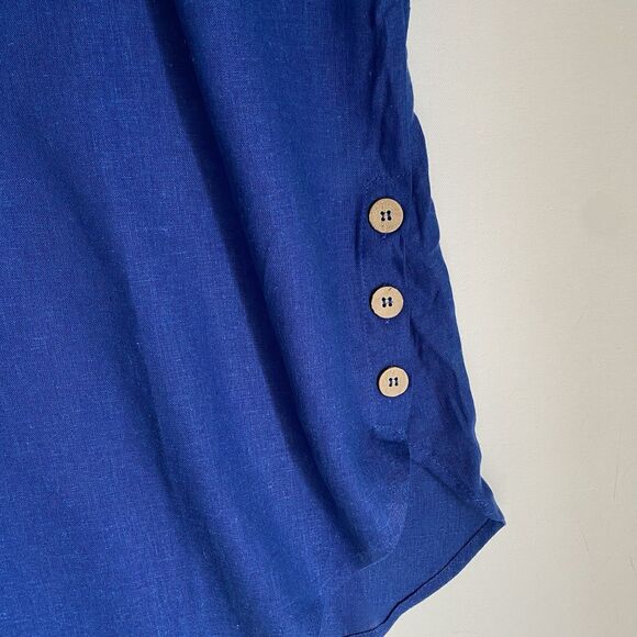 Susan Graver Pure Linen Top Tunic 1XP Blue Round Neck Roll Tab Sleeve Relaxed - Picture 6 of 8